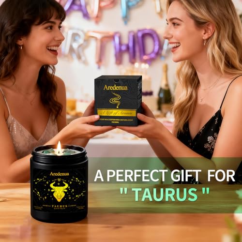 Image of Taurus Zodiac Candles with Aventurine Crystals, Balsamic Cedar Scent | Astrology Taurus Birthday Gifts for Women Men, Black Gift Box, 7 oz Soy Candle, 50 Hour Burn Time, Black Jar