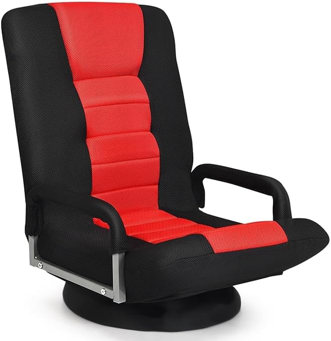 KOMFOTT Silla de suelo para juegos, silla giratoria de 360 con respaldo ajustable de 6 posiciones, reposabrazos, soporte lumbar, sillas plegables