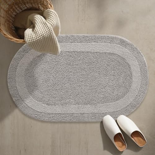Cotton Bath Mat, 50x80cm Oval Non-Slip Bathroom Rug, Machine Washable Soft Absorbent Floor Mat, White (Grey)