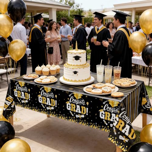 Image of OQOQ Graduation Decorations 2026 Tablecloth (Black,2 Packs), 54x108 Inches 2026 Graduation Congats Party Decorations Plastic Black Table Cloth Disposable Table Cover