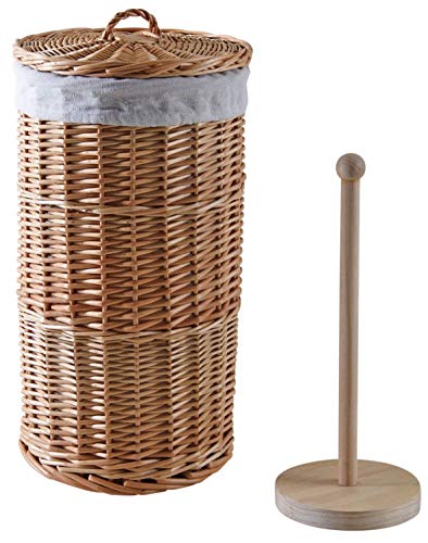 AUBRY GASPARD - Rangement Rouleau de Papier WC - Osier Clair - Ø 19 cm x Hauteur 37 cm - Comprend Panière et Support Rouleaux - Accessoire Pratique et...