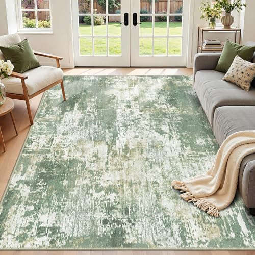Image of RELEANY Washable Area Rugs 7'x9' Non-Slip Modern Abstract Soft for Living Room Entryway Bedroom Nursery, Print Pattern, Light Green/Yellow