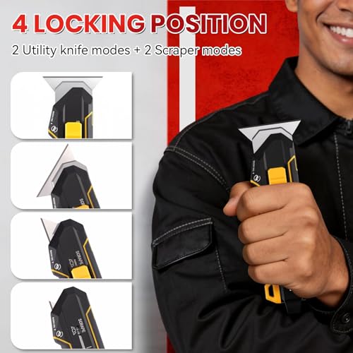 Image of PINOZE Utility Knife Scraper, 3-in-1 Retractable Box Cutter with Lanyard & Blade Storage, Heavy Duty Zinc Alloy Multi-functional Knife with 10pcs SK2 Blades, EDC Tool for Home, Office, DIY
