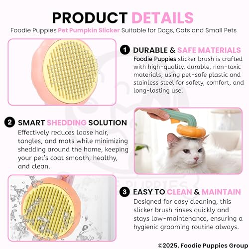 Image of Foodie Puppies Grooming & Cleaning Thin Slicker Brush for Dogs & Cats - (Pumpkin Head Slicker) | Self Clean Brush for Shedding | Gently Removes Loose Undercoat, Mats and Tangled (Color May Vary)