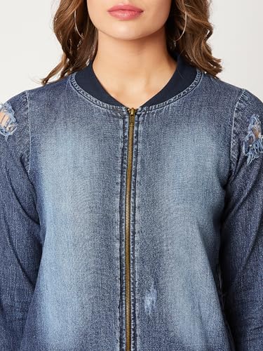 Image of Miss Chase Women's Polo Neck Full Sleeves Patch Pocket Denim Overcoat Knee-Length Jacket