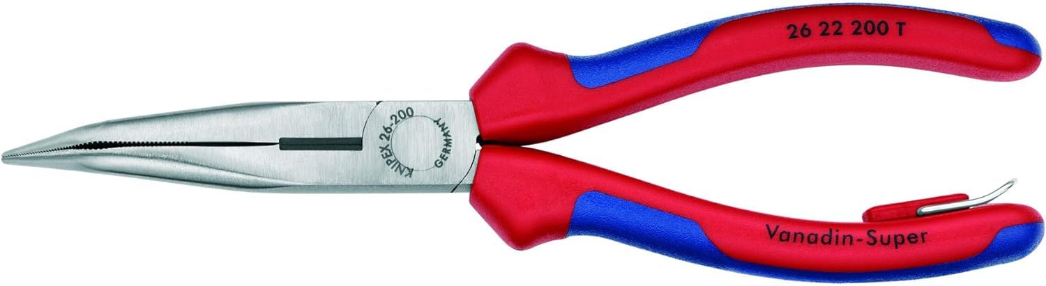 KNIPEX Flachrundzange mit Schneide (Storchschnabelzange) mit Mehrkomponenten-Hüllen, mit integrierter Befestigungsöse zum Anbringen einer Absturzsicherung schwarz atramentiert 200 mm 26 22 200 T