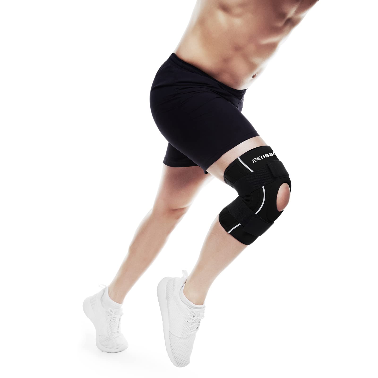 Rehband UD Stable Knee Support Genouillère de maintien en néoprène avec stabilisation, compression, patella support attelles flexibles, soutien genou blessé ou instable, Couleur:Noir, Taille:S