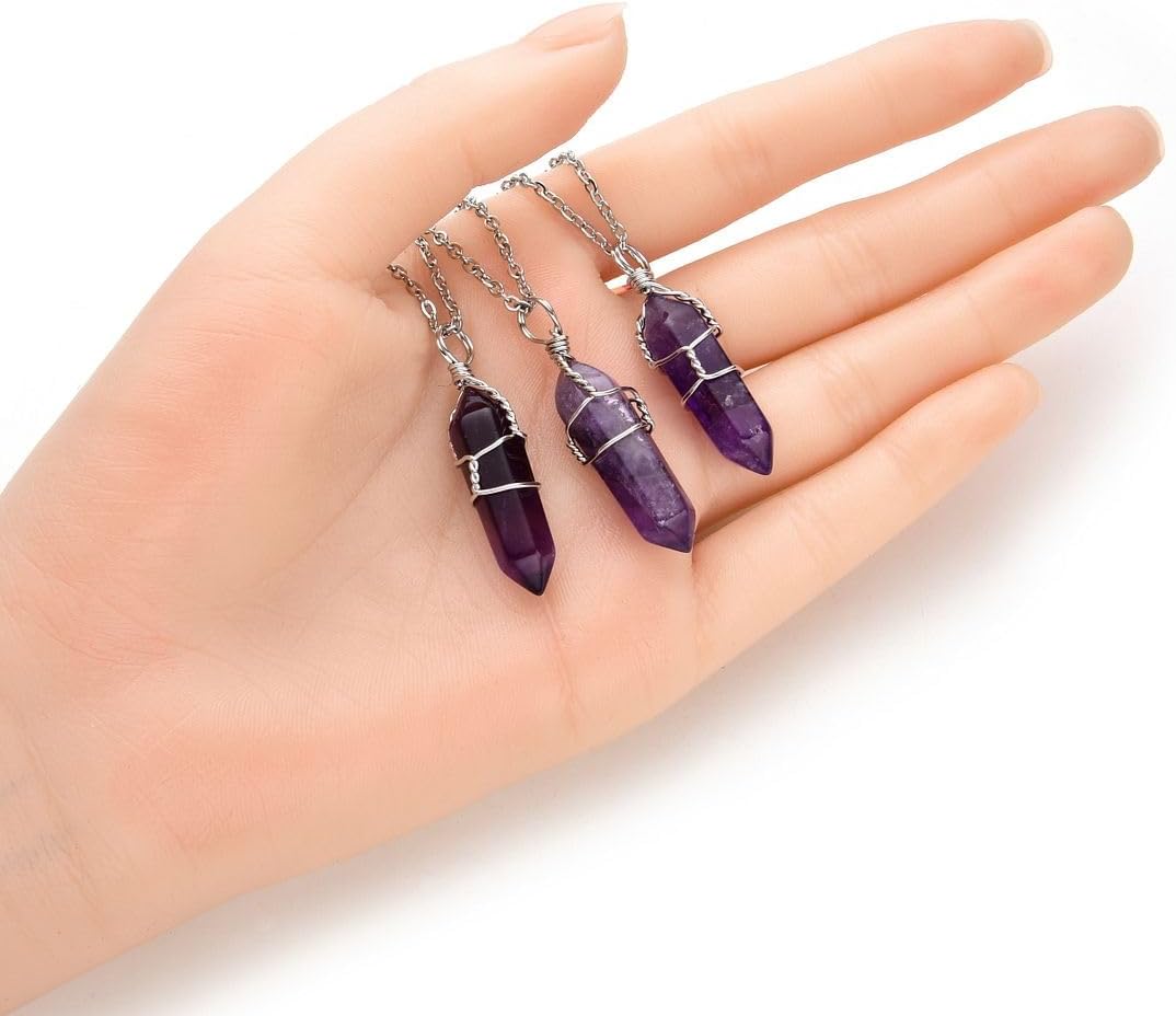Natural Gemstone Bullet Pendant Necklace Wire Wrapped Healing Crystal Stone Quartz Reiki Chakra Energy Rock 18 Inch Stainless Steel Chain Waterproof Women Jewelry