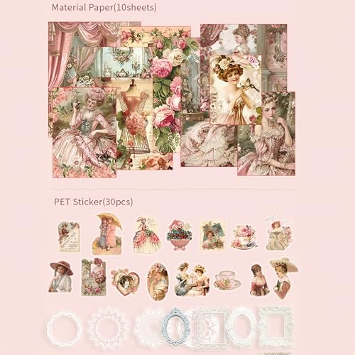 Image of The AutoStory Elegant Scrapbook Album A6 Junk Journal Flower Stickers Vintage Collage Paper Washi Tape DIY Craft Art Keepsake Memory Book Decoration Sets Teens Girls (Royal Camelia, Pink)