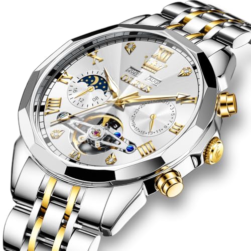 Image of OLEVS Automatic Watches for Men Business Dress Mechanical Watch Stainless Steel Waterproof Self Winding Classic Date Luxury Diamond Skeleton Men Wristwatch