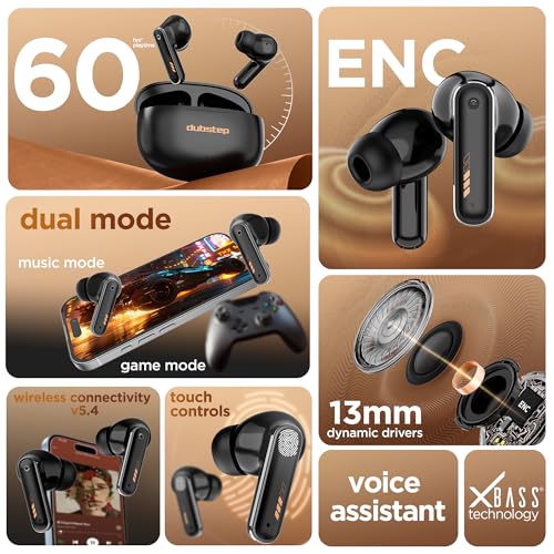 Image of Dubstep Buzz X9 Wireless Earbuds, 60hrs Playtime, 13mm Neodymium Drivers, XBass Technology, ENC Mics, Type-C Fast Charging (Dark Black)
