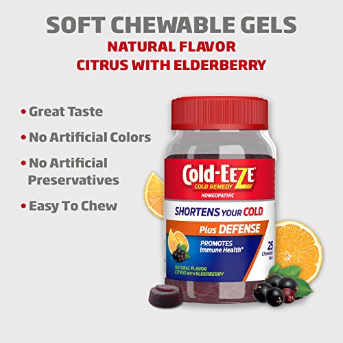 Cold-Eeze Plus Defense Natural Citrus & Elderberry Zinc Chewable Gels, Homeopathic Cold Remedy, Shortens Common Cold Symptoms, Promotes Immune Health With Sambucus Nigra, Echinacea & Rose Hips, 25 Ct #TOP4