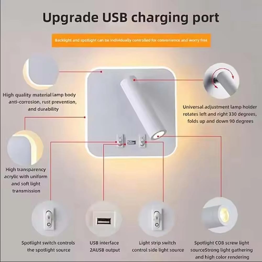 Lámpara de Lectura de Pared con Interruptor, Puerto USB, lámpara giratoria para mesita de Noche, Aplique de Dormitorio con Foco LED.