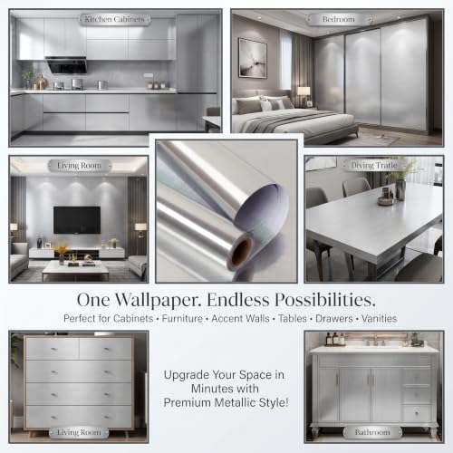 Image of HOME13 Wallpaper Self Adheisve Silver Brushed Contact Wallpaper Vinyl Removable Waterproof Kitchen Cabinet Countertop (24x100 Inches, Silver Brushed)