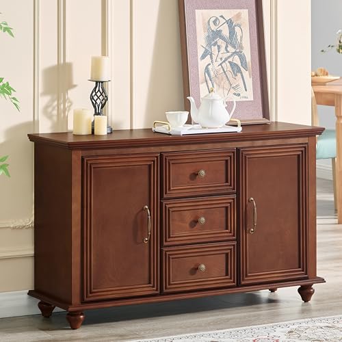 Amposei Modern Traditional Sideboard Buffet Cabinet 47.3-Inch Vintage Wood Credenza Storage Cabinet with Drawers and Adjustable Shelves, Entrway Console for Living Room & Dining Room, Walnut