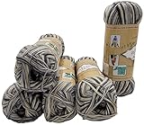 5 x 100 Gramm Sockenwolle mehrfarbig, 75% Schurwolle, 500 Gramm Wolle für Stricksocken und Strümpfe (grau beige u.a. 9005)
