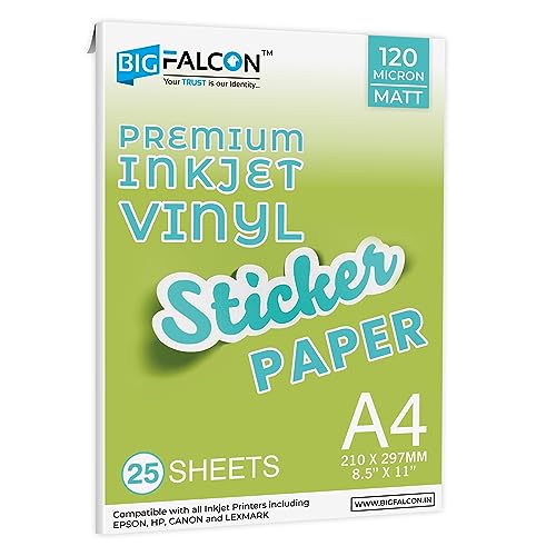 Image of BIGFALCON Premium A4 (8.5x11 inch) Size 25 Sheets Matte Vinyl Sticker Paper 120 Micron Self Adhesive Photo Paper for Inkjet, Waterproof, Instant Dry, Tear Resistant for printing (25 Sheets)