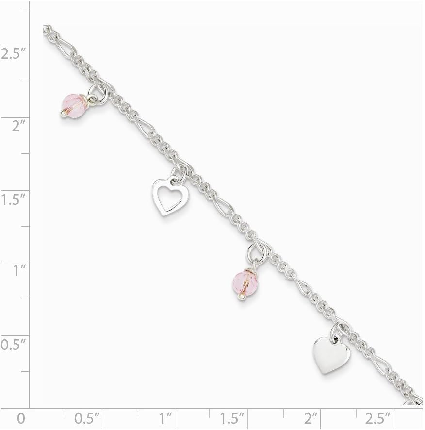 Solid 925 Sterling Silver 9 Heart and Rose Glass 1in Extension Anklet - with Secure Lobster Lock Clasp 9"