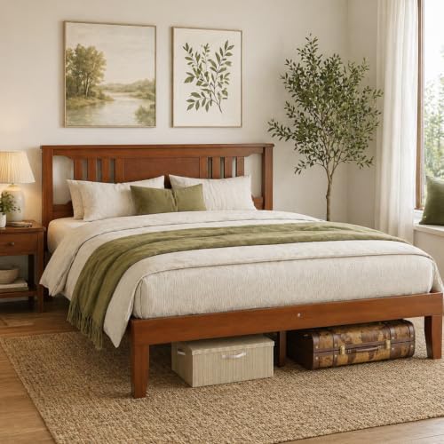 Simple Deluxe Queen Size Platform Bed Frame with Headboard, Sturdy Solid Wood Foundation with Wood Slat Support, No Box Spring Needed, Easy Assembly, Brown