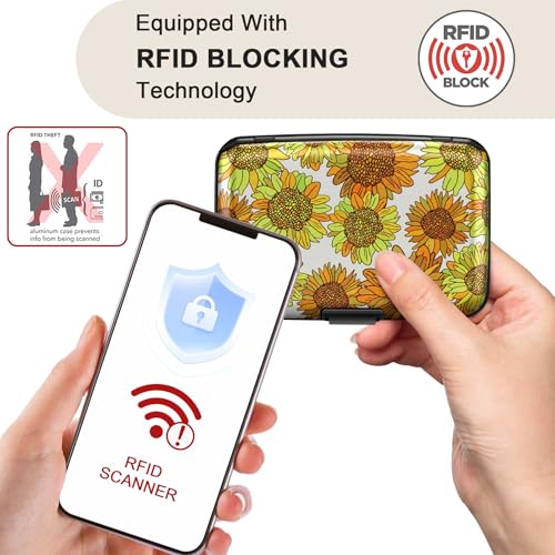 Image of ELFISH Mini RFID Aluminum Wallet Credit Cards Holder Business Card Case Metal ID Case for Men Women(Sunflowers)
