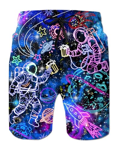 Purple Swim Trunks for Mens 3D Print Galaxy Men's Board Shorts with Drawstring Young Man Bathing Suits Vacation Swimwear Knee Length Mens Swim Trunks Fashion Swim Shorts L