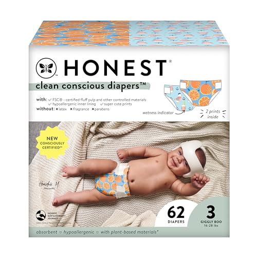Image of The Honest Company Clean Conscious Diapers for Sensitive Skin | Hypoallergenic, Fragrance Free | Gender Neutral Prints | Club Box, Size 3 (16-28 lbs), 62 Count