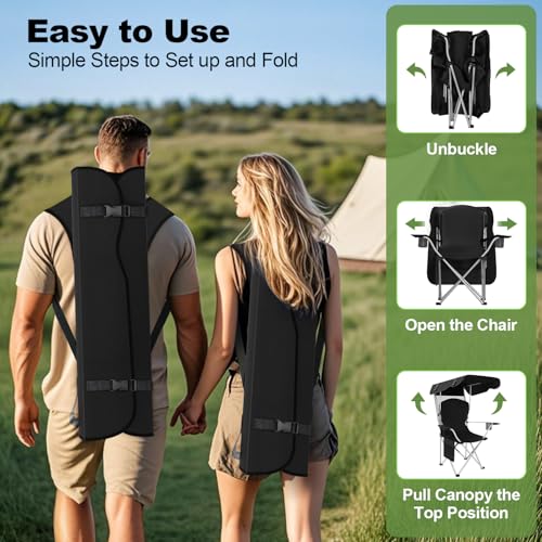 Image of VTOY Portable Camping Chair with Canopy - Folding Chair with Canopy, Durable 600D Oxford Canopy Chair for Camping, Beach, Picnics, Fishing & Sports (2 Pack Black)