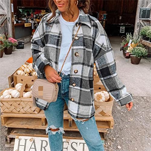 Womens Flannel Plaid Shirts Loose Fit Casual Button Down Lapel Long Sleeve Shacket Jacket Oversized Blouses Fall Coat2