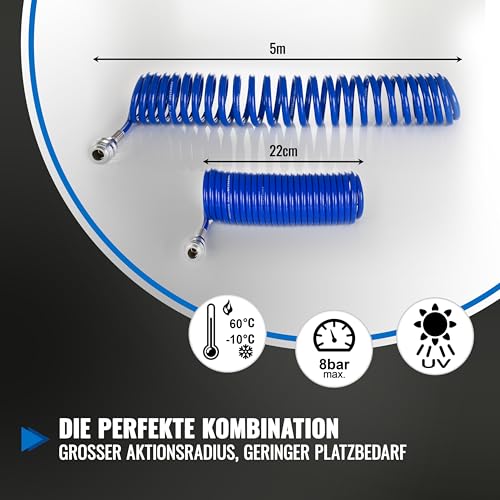 Poppstar Spiral Druckluftschlauch 5m aus PU (5mm x 8mm Durchmesser) Spiralschlauch Druckluft mit Knickschutz und Schnellkupplung NW 7.2