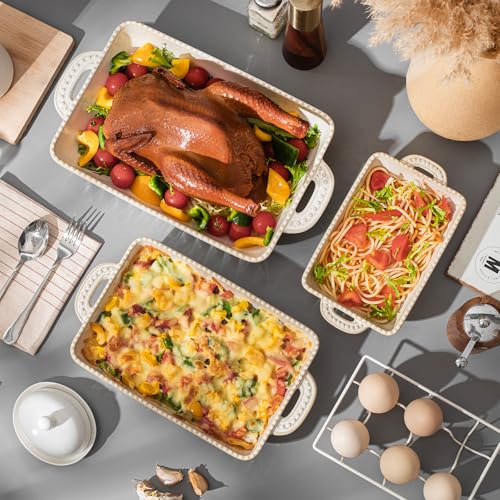 Casserole Dish for Oven, Ceramic Baking Dishes Set, Vintage Hobnail Bakeware Sets of 3, Rectangular Baking Pan, Deep Lasagna Pan with Handle for Cake, Wedding Kitchen Gift, 13.77“/11.6"/8.85" - Image 3