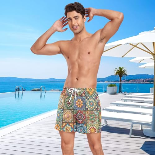 Men's Swim Trunks Indian Texture Pattern, Quick Dry Beach Board Shorts with Liner, Swimwear Bathing Suits S4