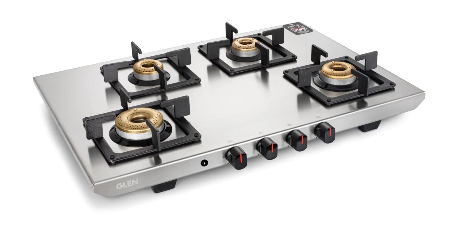 Glen 4 Burner Ultra Tuff Stainless Steel LPG Gas Stove | Silver | Forged Brass Burner | Revolving Inlet Nozzle | 1054 UT SS 73 AI (Auto Ignition)