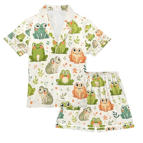 senya Color Cute Frogs Satin Summer Pajama Sets Silk Short Sleeve Button Down Sleepwear