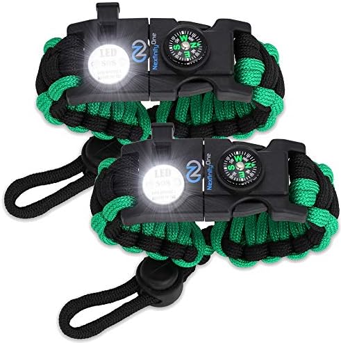 Nexfinity One Survival Paracord Bracelet - Tactical Emergency Gear Kit with SOS LED Light, 550 Grade, Adjustable, Multitools, Fire Starter, Compass, and Whistle - Set of 2 (Green)
