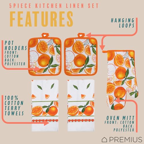 PREMIUS 5 Piece Orange Printed Kitchen Linen Set, 2 Cotton Towels, 2 Potholders, 1 Oven Mitt with Hanging Loop, 100% Cotton Material on Front & Polyester Backing, Perfect Kitchen Accessory, Gift - Thumbnail 2