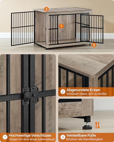 Feandrea Hundekäfig Möbel, Beistelltisch, Hundebox, Moderne Hundehütte Indoor für Hunde bis zu 32 kg, hochbelastbar, geschlossener Boden, Hundehaus 2 Türen, Greige meliert PFC023G01