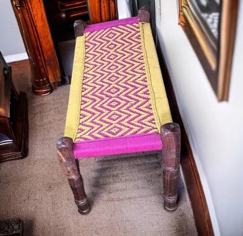 Image of Handwoven Wooden Bench | Traditional Rope Charpai Stool | Solid Wood Frame Seating for Living Room, Balcony & Outdoor | Durable & Stylish Design (Yellow & Pink Finish)