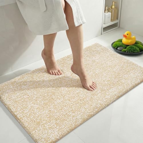 Yimobra Large Bathroom Rugs Non Slip Washable 36x24,Soft Absorbent Microfiber Bath Mat,Dual-Tone Decor Rug with Rubber Backing for Bathroom Floor,Tub and Shower, Home Essentials,Light Beige and White