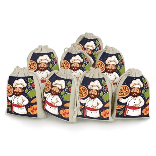 Chef Pizza Drawstring Bag, 8-Pack Cotton Linen Drawstring Bags, Reusable Small Storage Pouches for Organizing Jewelry, Makeup & Coins