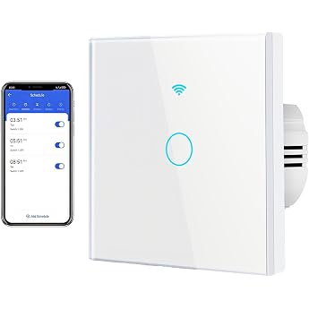 Touch Light Switch Smart WLAN Light Switch Compatible with Alexa/Google Home/Tuya/Smart Life Touch Toggle Switch Flush-Mounted Switch with Status LED and Glass Panel Single 1-Way 86 mm Flush-Mounted White