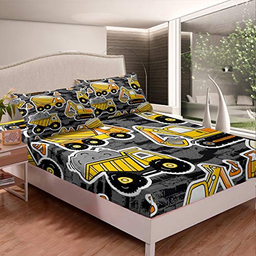 Erosebridal Excavator Bedding Set, Tractor Fitted Sheet for Kids Children Boys Girls Bedroom, Retro Truck Sheet Set Cartoon Construction Bed Sheet 2Pcs Twin Size, Grey and Yellow(NO TOP Shee