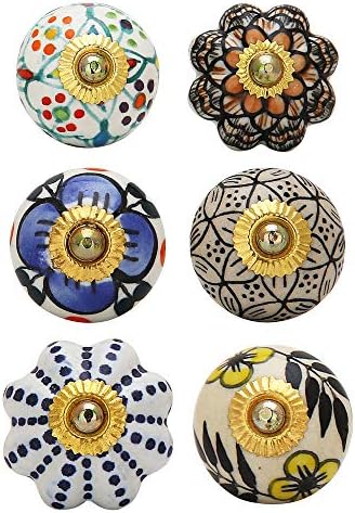 RAJRANG BRINGING RAJASTHAN TO YOU Multi Color Ceramic Door Knobs - Indian Handmade Kitchen Cabinet Handles with Brass Blue Pottery Flower Cupboard Dresser Drawer Pull knob - Set of 6