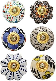 RAJRANG BRINGING RAJASTHAN TO YOU Multi Color Ceramic Door Knobs - Indian Handmade Kitchen Cabinet Handles with Brass Blue Pottery Flower Cupboard Dresser Drawer Pull knob - Set of 6