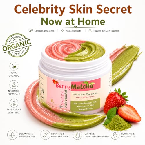 Image of Mamash Organics BerryMatcha Instant Detox & Glow Multi-Mask 100g | Matcha & Strawberry 2-in-1 Face Pack | DIY Texture Clay Mask for Oily & Dry Zones | Pore Detox, Hydration & Brightening | Ayurvedic