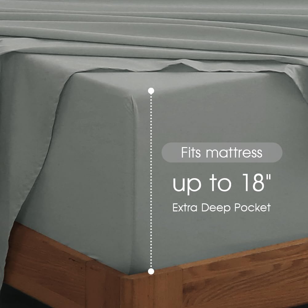 HYPREST Cotton Sheets King Size,18 Inch Deep Pocket King Sheets Hotel Luxury Soft Light Grey - 600 Thread Count