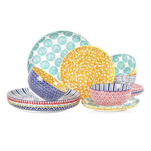 Image of Selamica Ceramic Plates and Bowls Sets,12 Pieces Dinnerware Sets for 4,Scratch Resistant Dish Set,Dishwasher & Microwave Safe, Assorted Colors