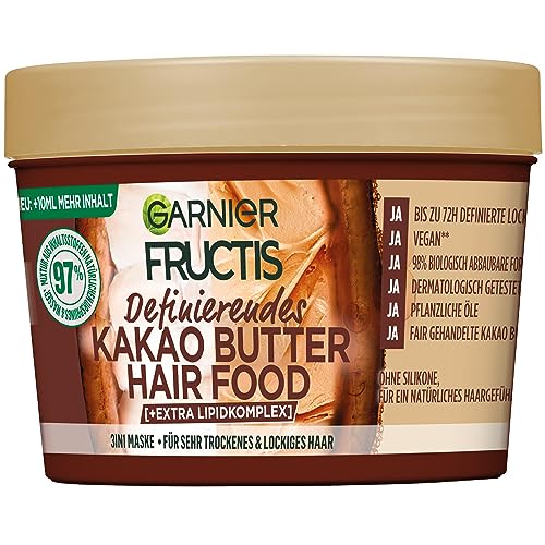 Garnier Kakao Butter 3in1 Haarmaske für trockenes und lockiges Haar, Leave In für intensive Pflege und Definition, Vegane Formel mit natürlichen Inhaltsstoffen, Fructis Hair Food, 1 x 400 ml
