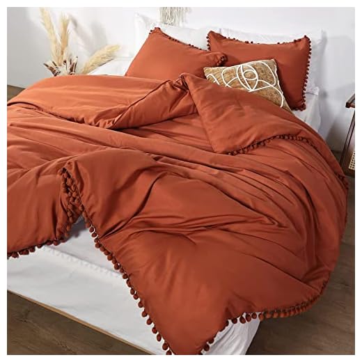 Smoofy Pom Fringe Comforter Set Queen Size Burnt Orange Boho Chic Cute Ball Pom Bedding Set Cali Soft Warm Vintage Lightweight Solid Comforter 3 Pieces (1 Pom Comforter, 2 Pillowcases)