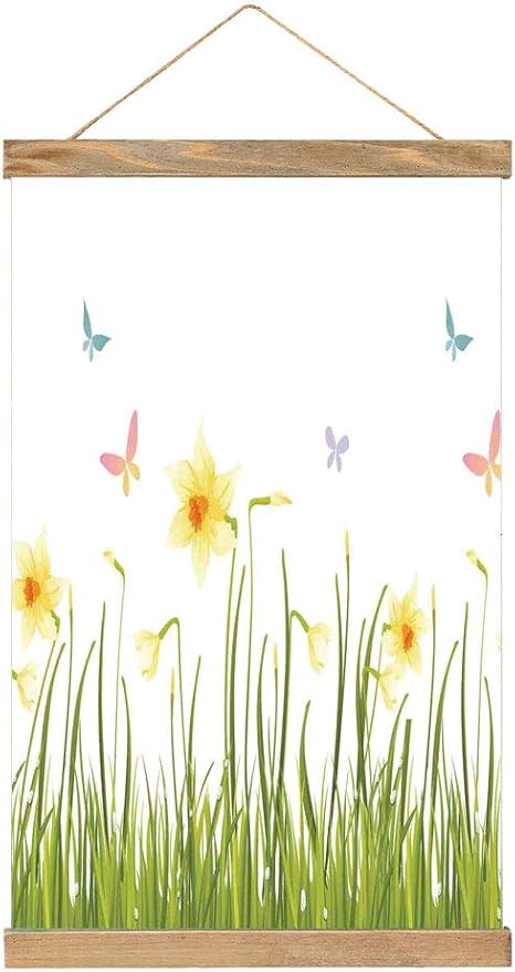 Amazon のれん棒 ポスター 水仙の装飾 草原草春公園イースターイラスト オシャレ インテリア ウォールデコ 装飾アート ズック製 高級 33 X 52 Cm 黄色緑の蝶と水仙フィールド アートフレーム ポスター オンライン通販
