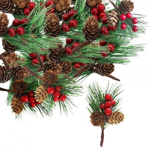 10P Fake Christmas Holly Sprigs Artificial Pine Picks with Red Berry Natural Pine Cones Christmas Pines Needles Holly Berry Stems Decor Xmas Foliage Berries Holly Bouquets Craft Flower Wreath Decor